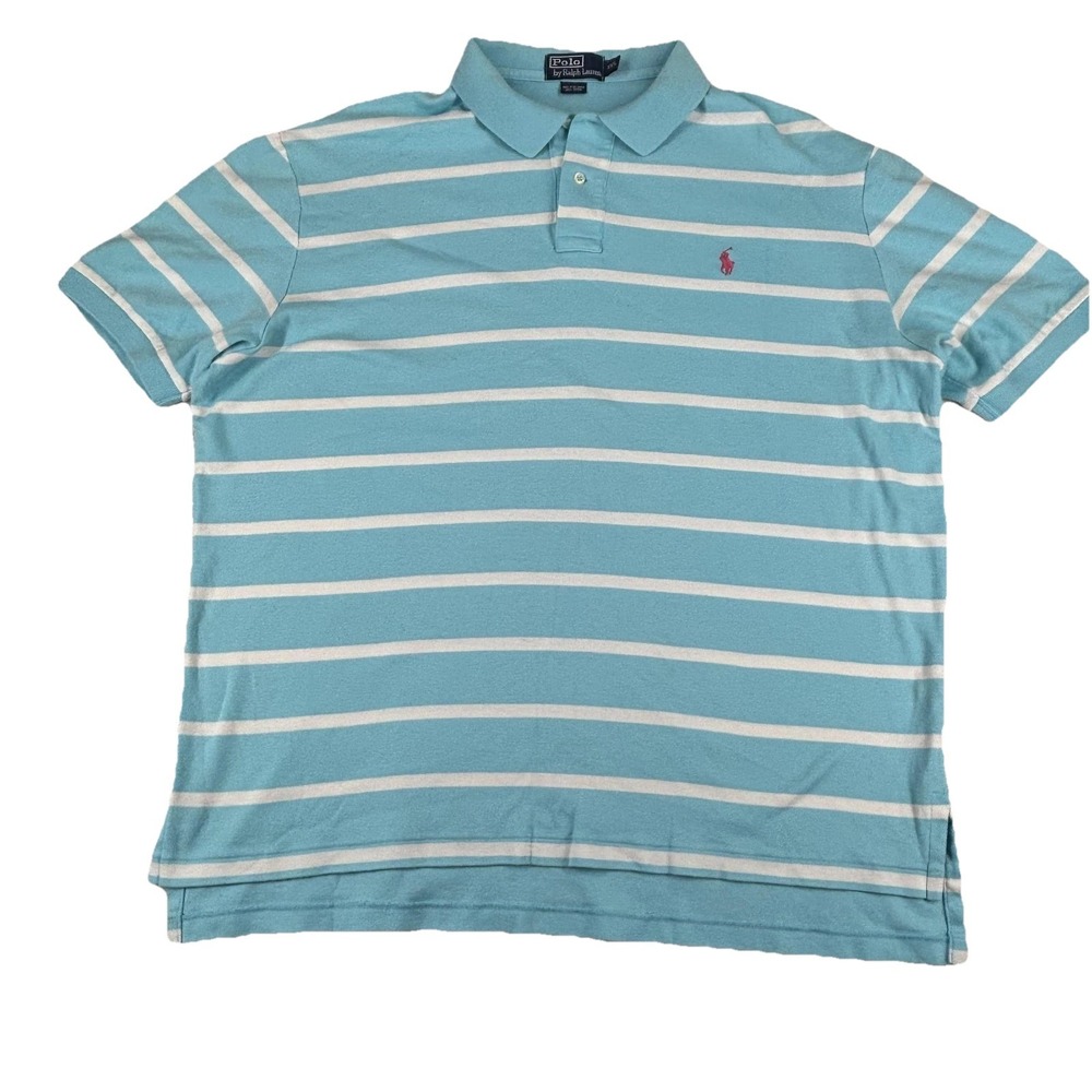 Polo Ralph Lauren Shirt Mens 2XL Blue White Striped Classic Polo Short‎ Sleeve
